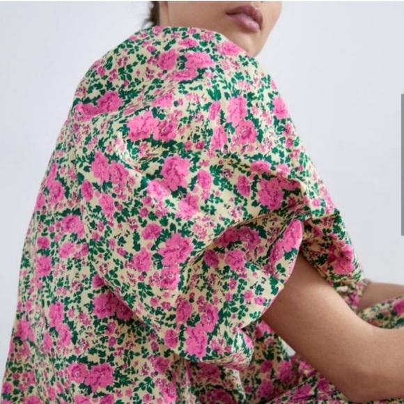 Zara Voluminous Pink and Green Floral Puff Sleeve Dress Size S - Picture 2 of 16